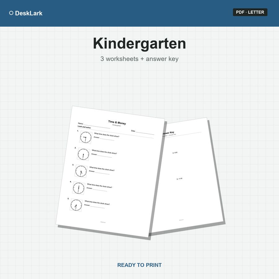 Kindergarten Time & Money Worksheets